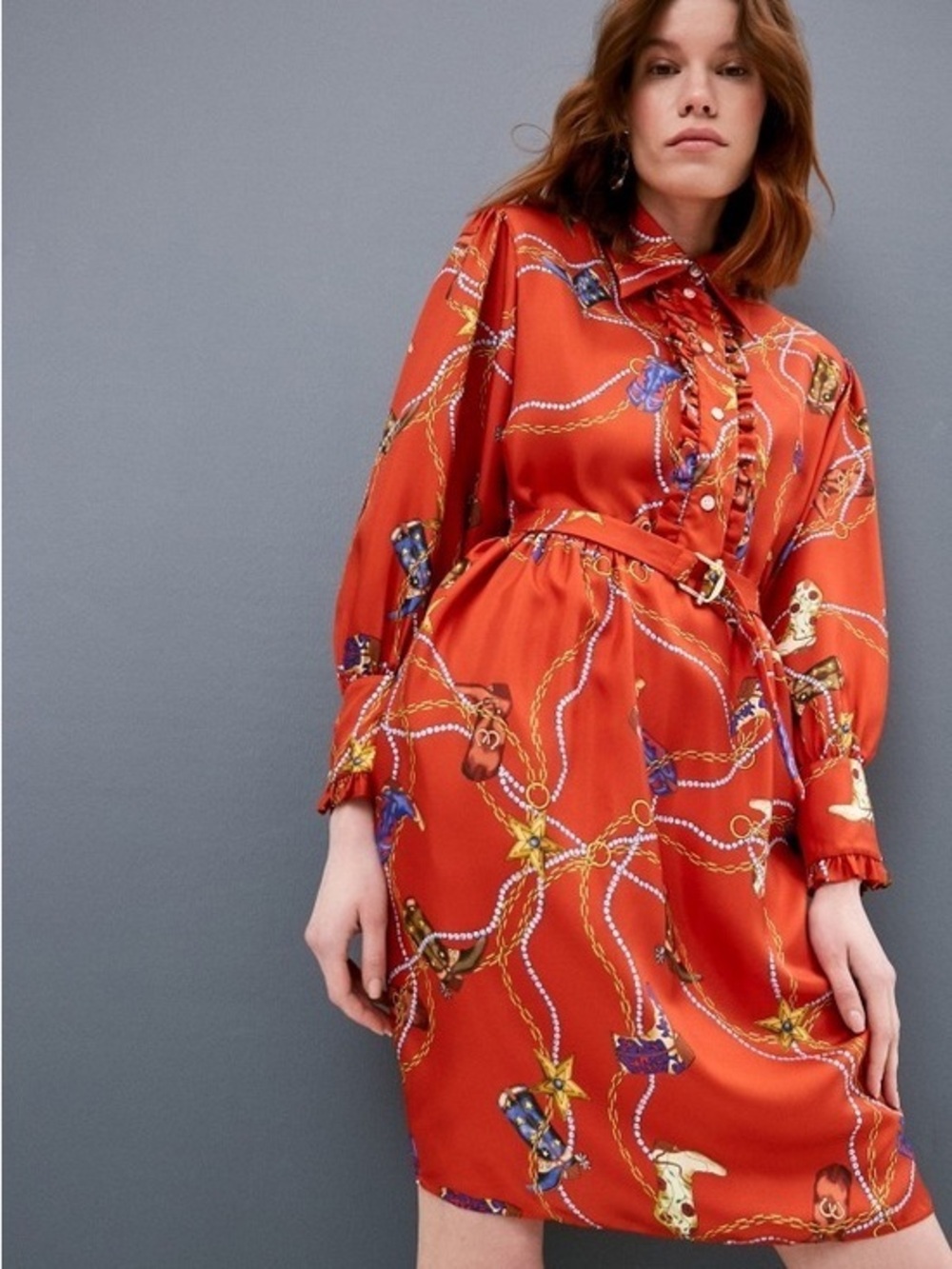 Sandro red silk cowboy boot western style long sleeve dress